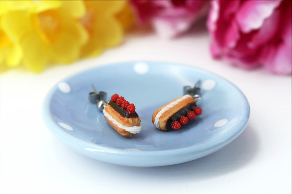 PolinaCreations Handmade jewelry Stuffed Eclair Stud Earrings with Whipped Cream & Topped With Chocolate and Raspberries Eclair earrings polina creations raspberry earrings raspberry jewelry red jewelry red earrings fake food jewelry miniature food jewelry mini food earrings cute earrings cute jewelry dessert jewelry hypoallergenic earrings chocolate jewelry chocolate earrings fruit jewelry fruit earrings berry earrings berry jewelry gift for her gift for girl woman