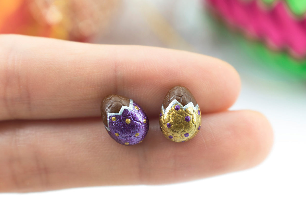 Handmade Gold & Purple Easter Chocolate Egg Stud Earrings