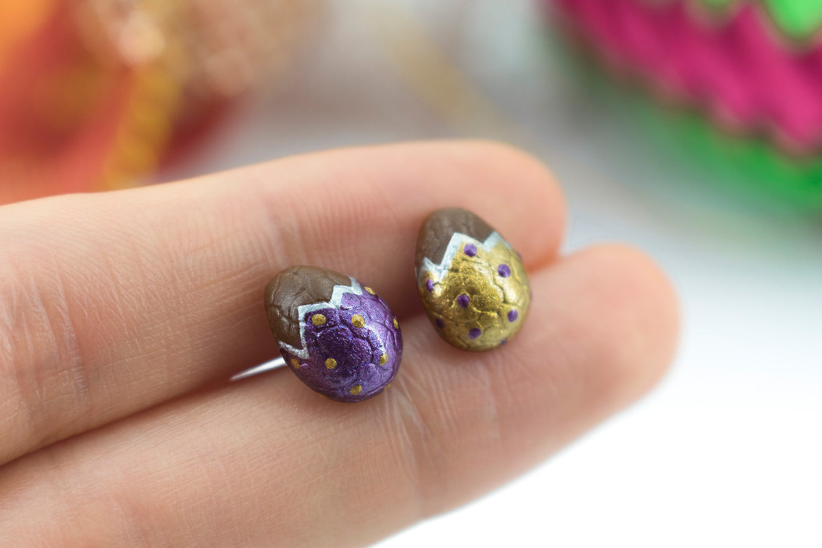 Handmade Gold & Purple Easter Chocolate Egg Stud Earrings