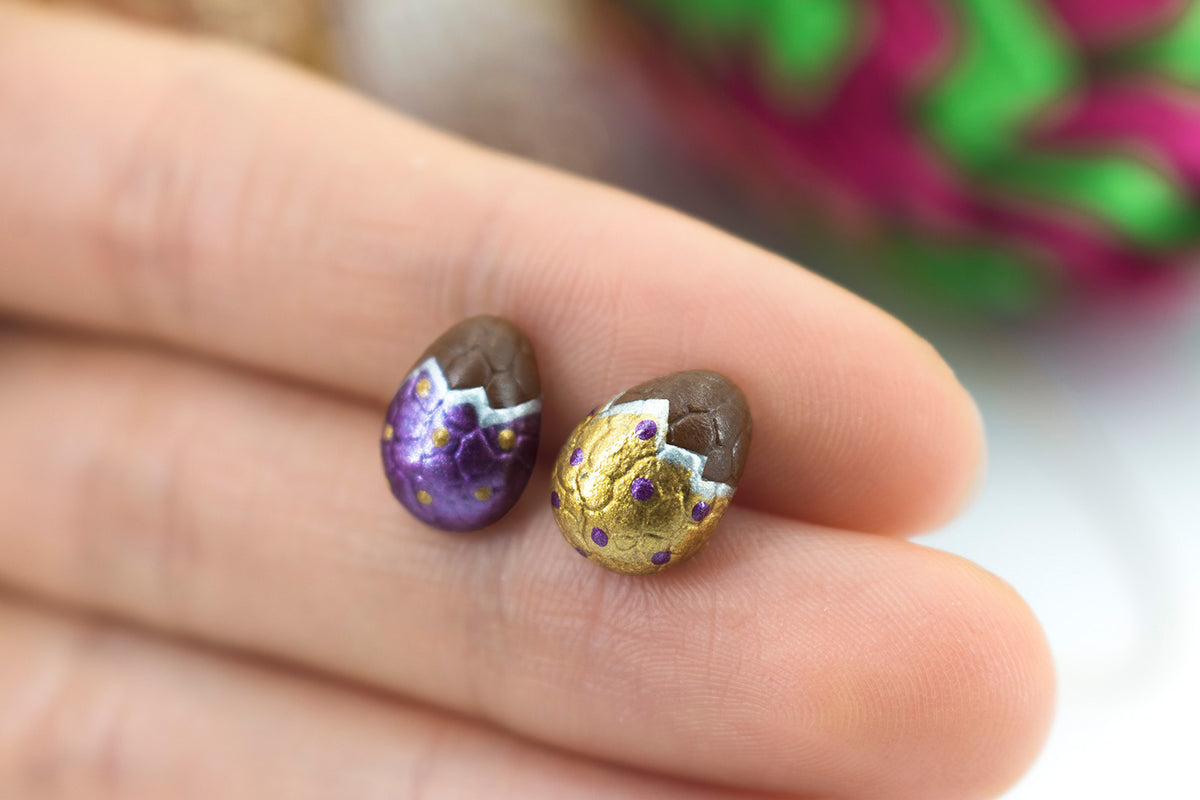 Handmade Gold & Purple Easter Chocolate Egg Stud Earrings