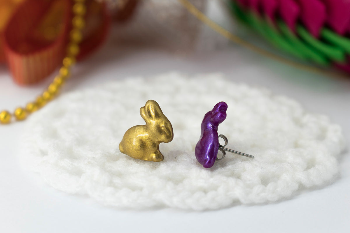 polinacreations Handmade Metallic Gold & Purple Color Easter Bunny Stud Earrings. Bunny earrings. Easter earrings. Easter bunny earrings Gold earrings asymmetrical cute earrings holiday Easter jewelry small animal studs