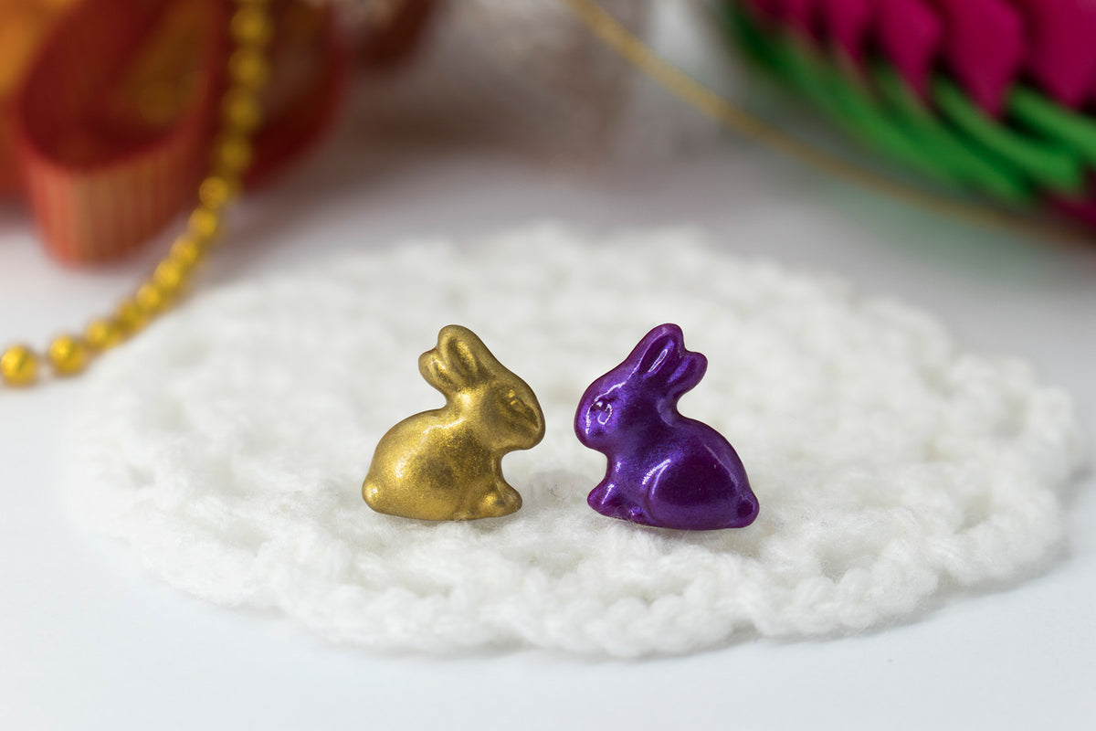 polinacreations Handmade Metallic Gold & Purple Color Easter Bunny Stud Earrings. Bunny earrings. Easter earrings. Easter bunny earrings Gold earrings asymmetrical cute earrings holiday Easter jewelry polina creations