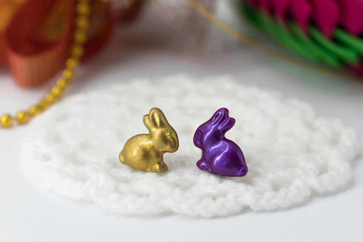 polinacreations Handmade Metallic Gold & Purple Color Easter Bunny Stud Earrings. Bunny earrings. Easter earrings. Easter bunny earrings Gold earrings asymmetrical cute earrings holiday Easter jewelry