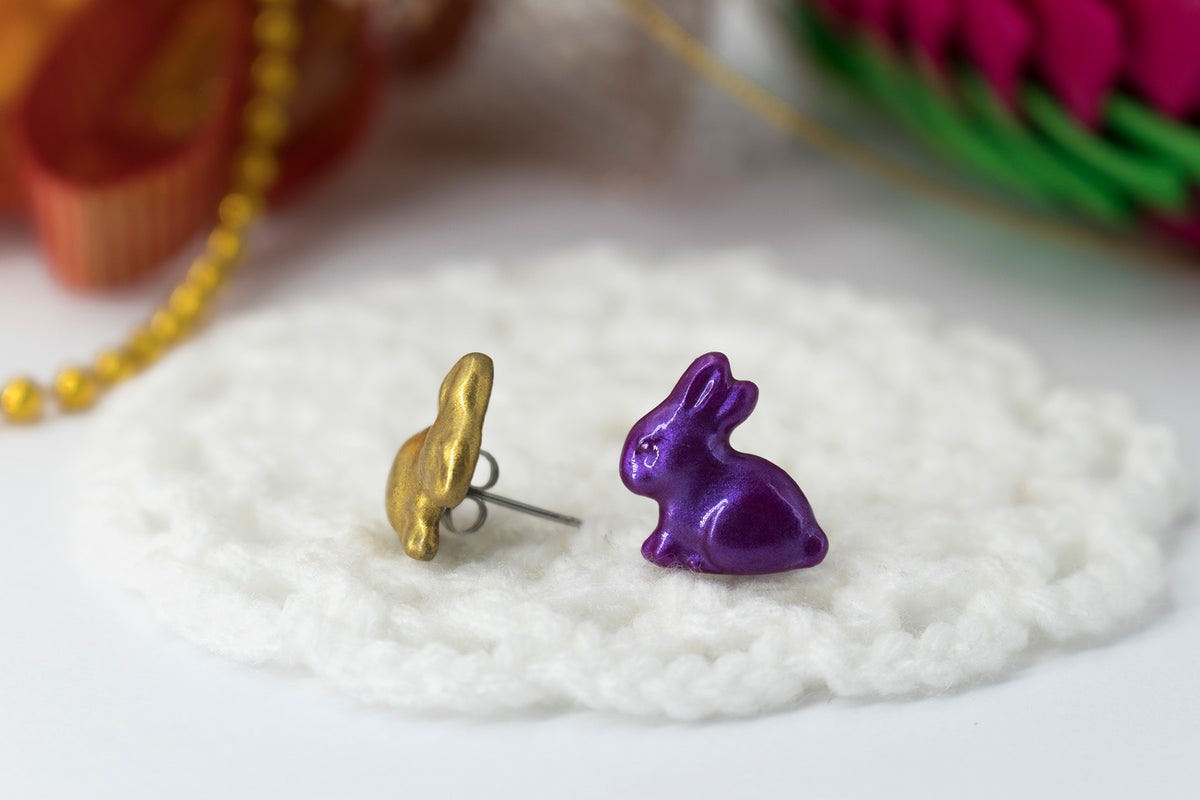 polinacreations Handmade Metallic Gold & Purple Color Easter Bunny Stud Earrings. Bunny earrings. Easter earrings. Easter bunny earrings Gold earrings asymmetrical cute earrings holiday Easter jewelry pet jewelry