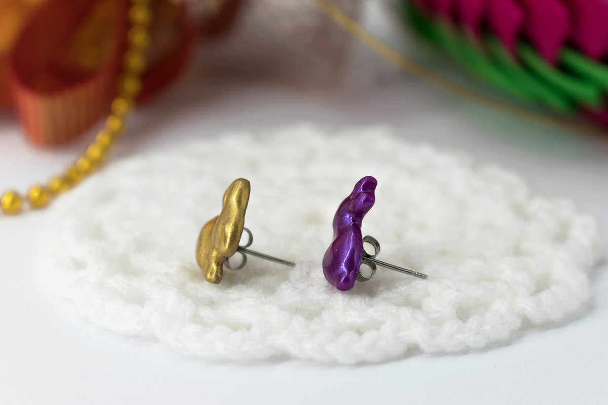 polinacreations Handmade Metallic Gold & Purple Color Easter Bunny Stud Earrings. Bunny earrings. Easter earrings. Easter bunny earrings Gold earrings asymmetrical cute earrings holiday Easter jewelry rabbit earrings