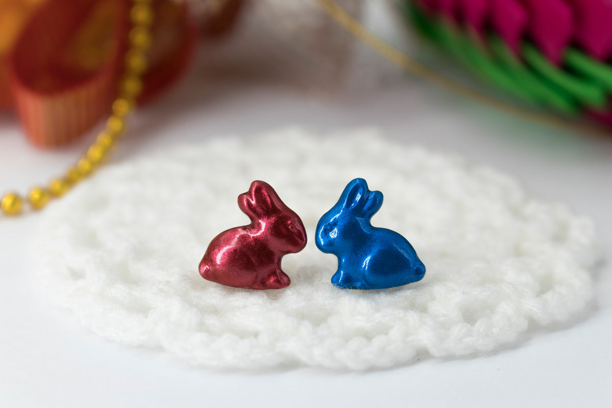Handmade Metallic Red & Blue Easter Bunny Stud Earrings