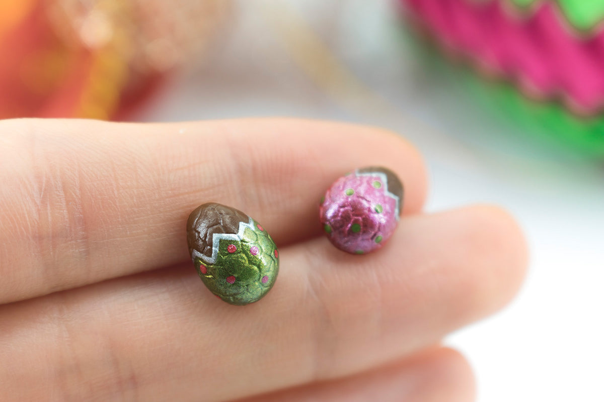 polinacreations Handmade Metallic Green & Red Color Easter Chocolate Egg Stud Earrings. Chocolate Egg earrings. Easter earrings. Easter egg earrings polka jewelry foiled chocolate egg earrings foiled Easter egg jewelry small cute earrings asymmetrical earrings green earrings red earrings metallic jewelry polina creations