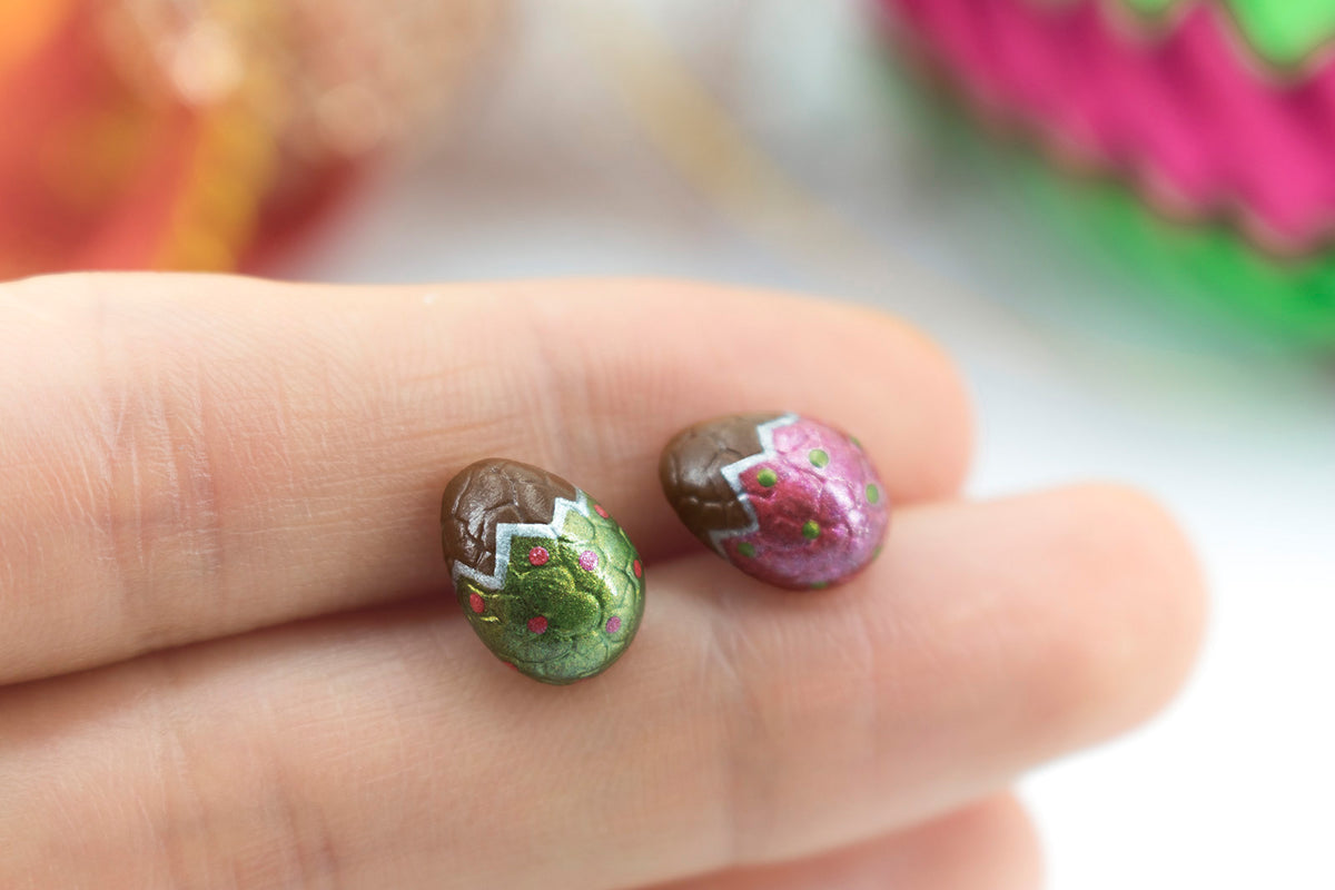 polinacreations handmade jewelry holiday jewelry Metallic Green & Red Color Easter Chocolate Egg Stud Earrings. Chocolate Egg earrings. Easter earrings. Easter egg earrings polka jewelry foiled chocolate egg earrings foiled Easter egg jewelry small cute earrings asymmetrical earrings green jewelry red jewelry metallic earrings polina creations polymer clay jewelry fake food jewelry miniature food mini food earrings chocolate jewelry