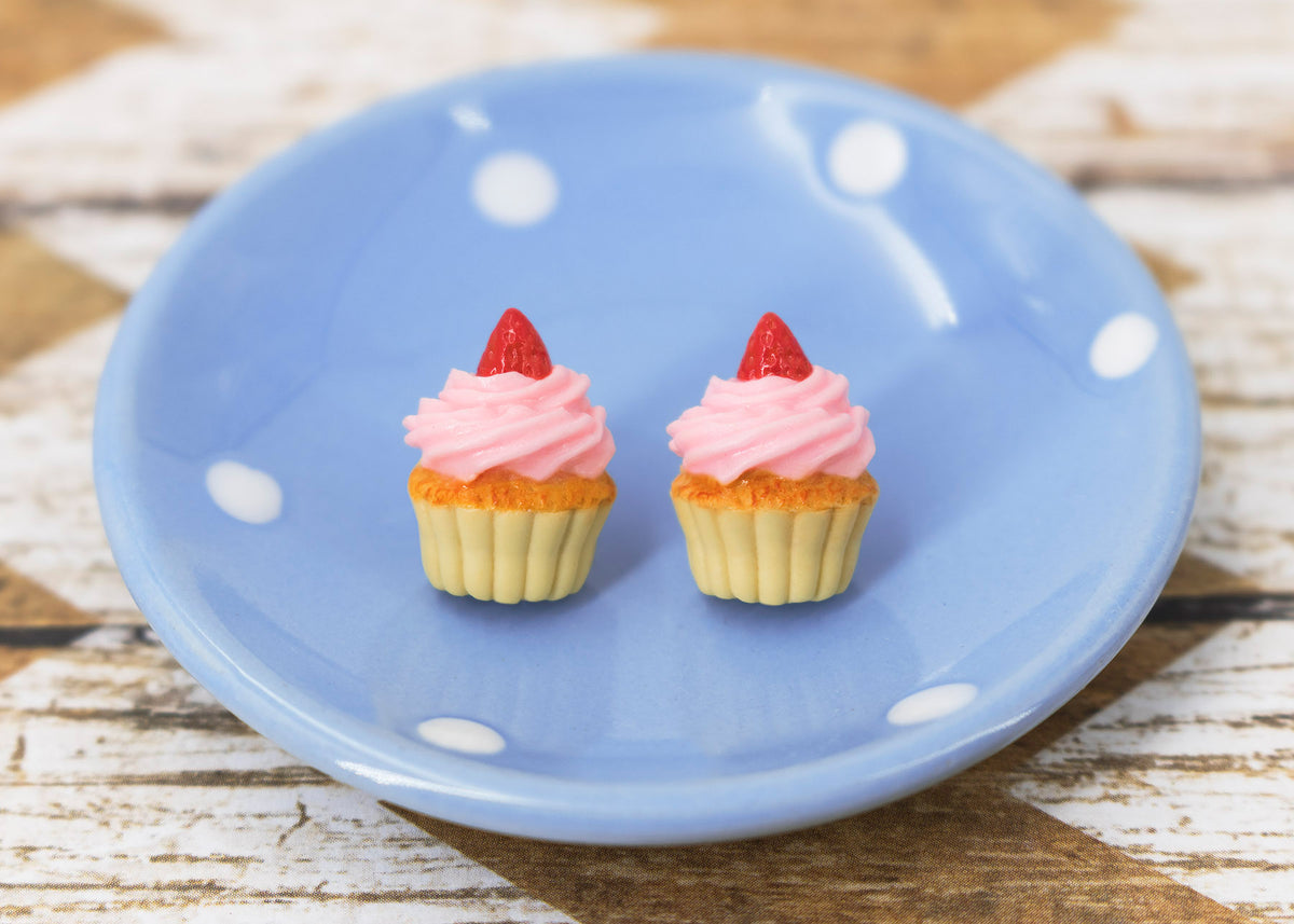 Polinacreations Handmade Pink Frosting Cupcake Stud Earrings Topped with Strawberry, Vanilla Cupcake Earrings, Cupcake Stud Earrings polymer clay jewelry fake food jewelry cute pink earrings strawberry stud earrings polina creations