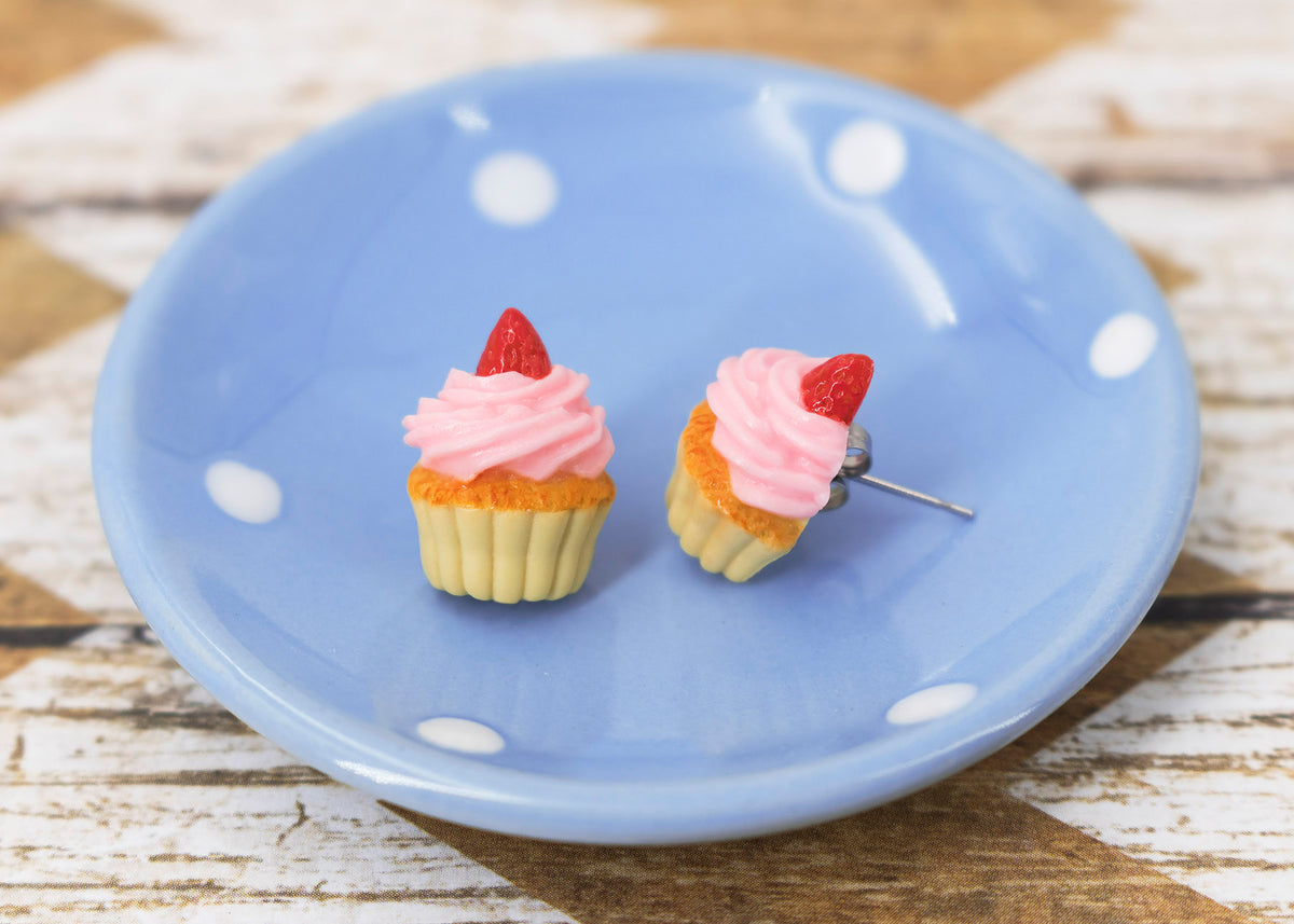 Polinacreations Handmade Pink Frosting Cupcake Stud Earrings Topped with Strawberry, Vanilla Cupcake Earrings, Cupcake Stud Earrings polymer clay jewelry fake food jewelry cute pink earrings strawberry stud earrings