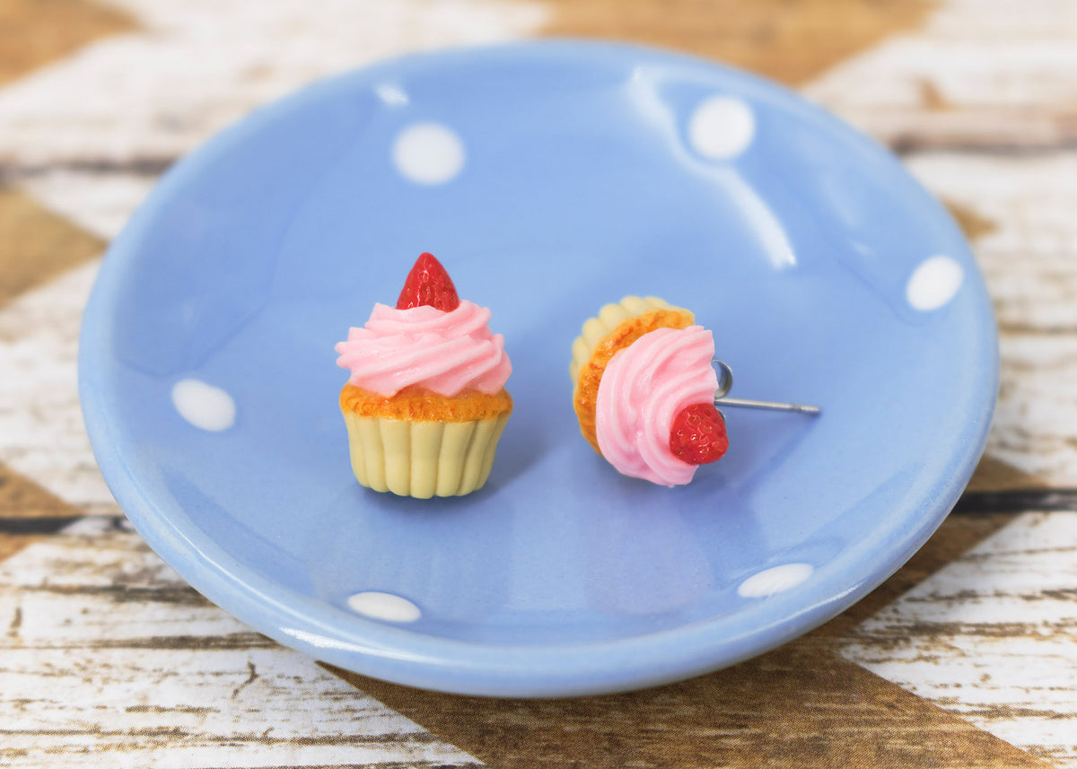Polinacreations Handmade Pink Frosting Cupcake Stud Earrings Topped with Strawberry, Vanilla Cupcake Earrings, Cupcake Stud Earrings polymer clay jewelry fake food jewelry cute pink earrings strawberry stud earrings dessert jewelry miniature food jewelry mini food