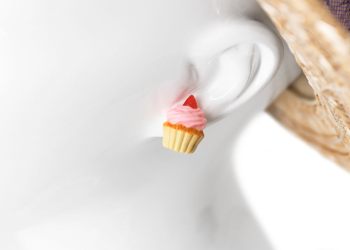 Polinacreations Handmade Pink Frosting Cupcake Stud Earrings Topped with Strawberry, Vanilla Cupcake Earrings, Cupcake Stud Earrings polymer clay jewelry fake food jewelry cute pink earrings strawberry stud earrings hypoallergenic jewelry miniature food polina creations
