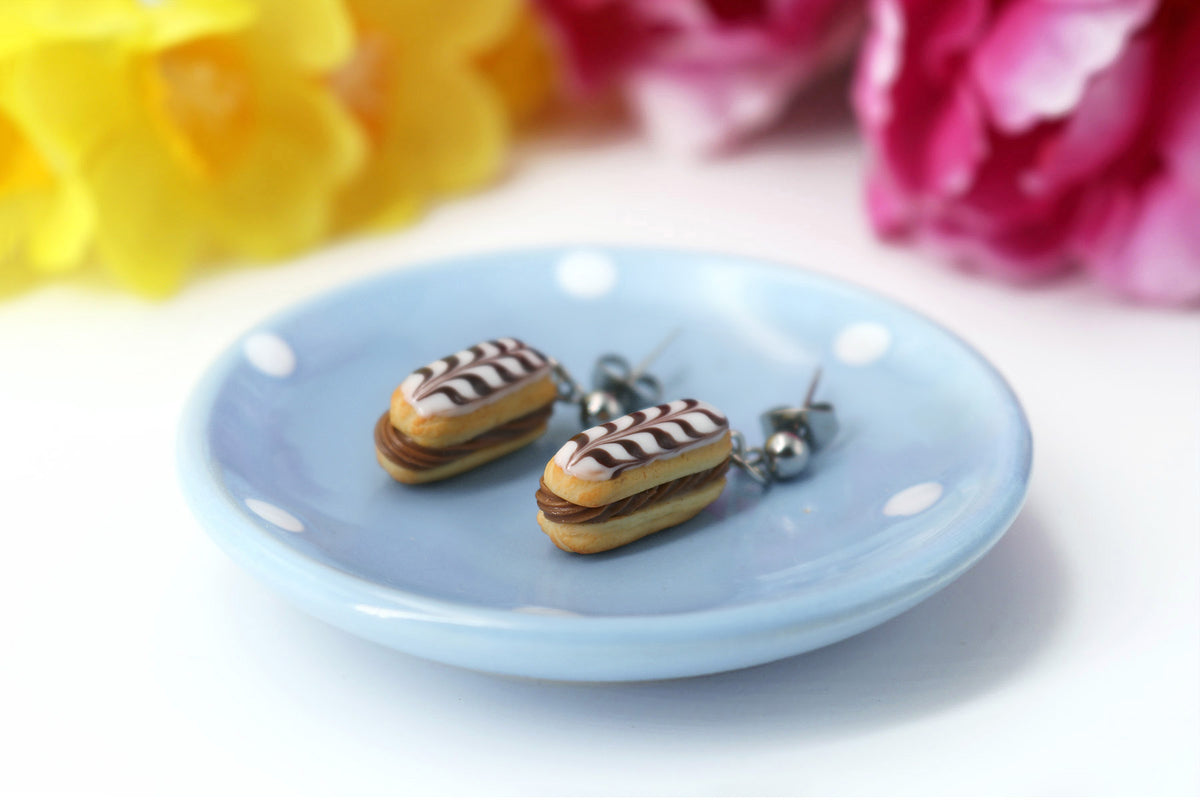 Handmade Eclair Stud Dangle Earrings With Chocolate Stripes