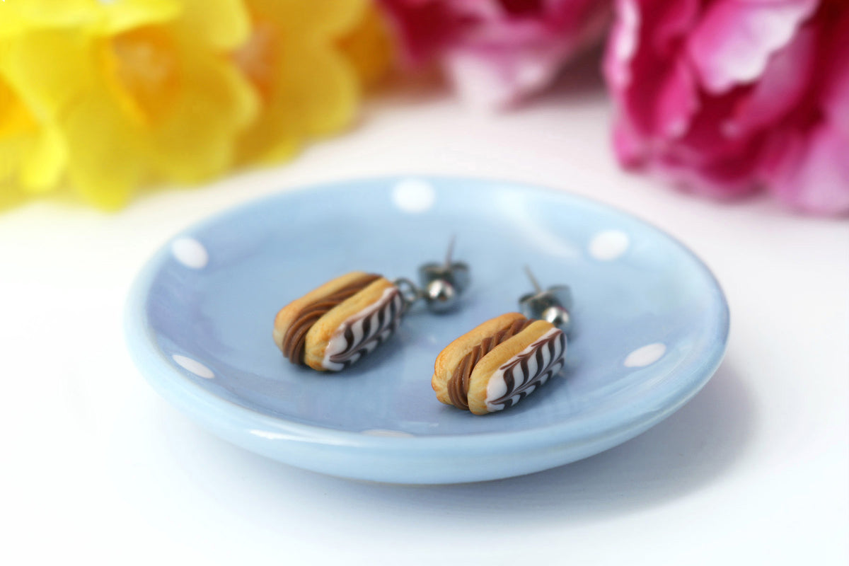 Handmade Eclair Stud Dangle Earrings With Chocolate Stripes