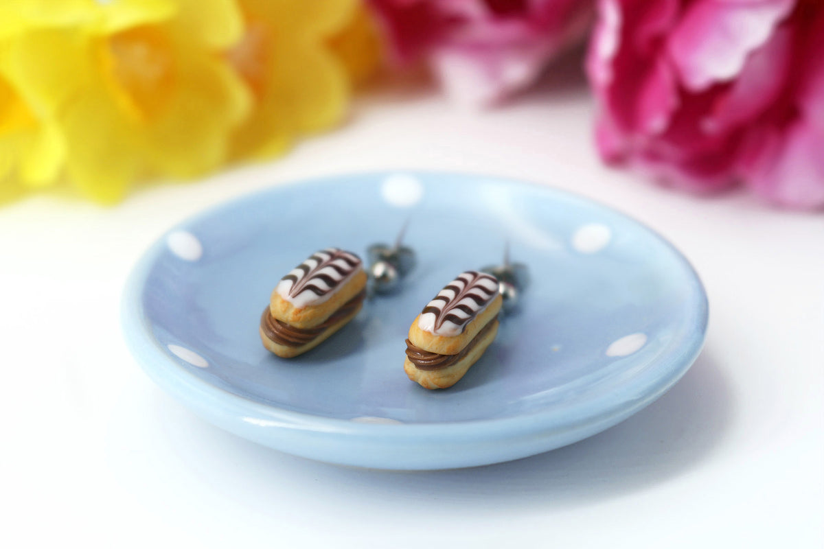 Handmade Eclair Stud Dangle Earrings With Chocolate Stripes