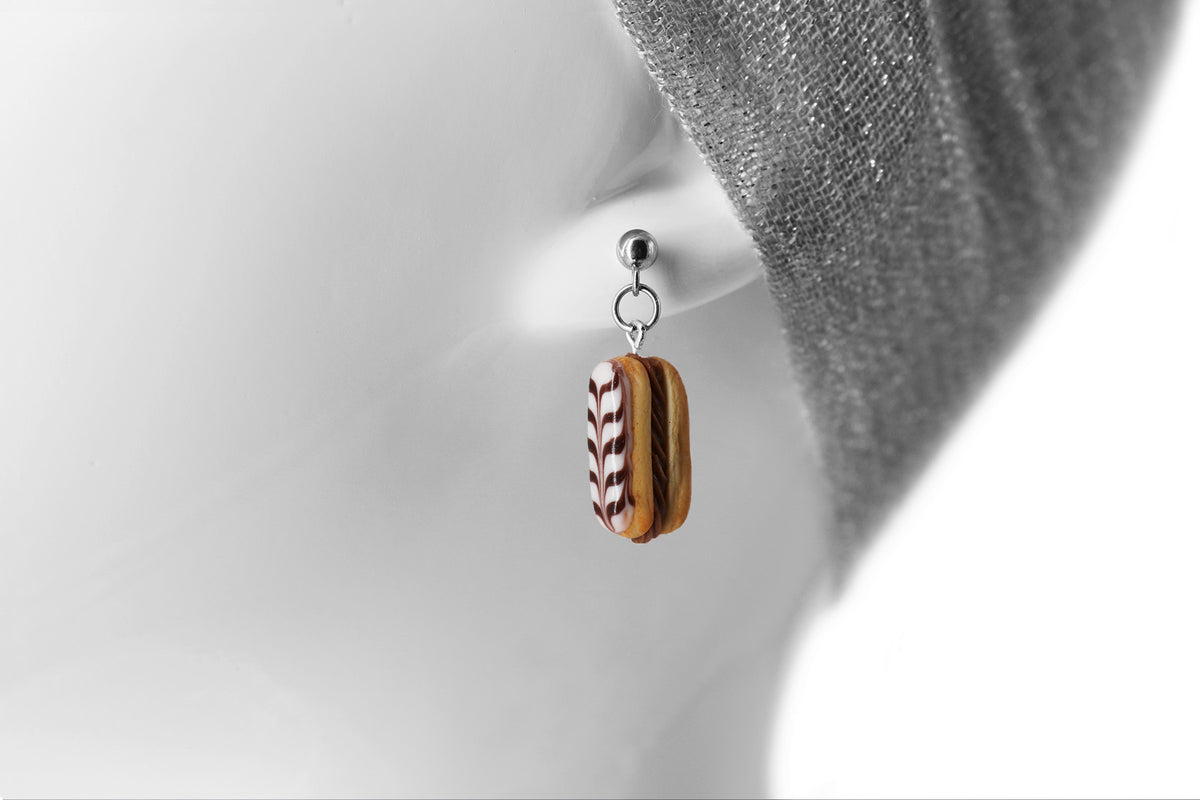 Handmade Eclair Stud Dangle Earrings With Chocolate Stripes