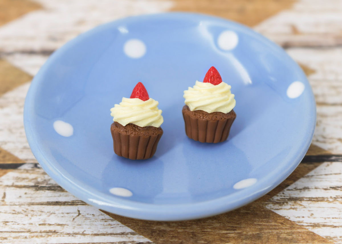 Polinacreations Handmade Vanilla Frosting Chocolate Cupcake Stud Earrings Topped with Strawberry Chocolate Cupcake Earrings Cupcake Stud Earrings fake food jewelry mini food earrings cute studs strawberry earrings polina creations hypoallergenic earrings