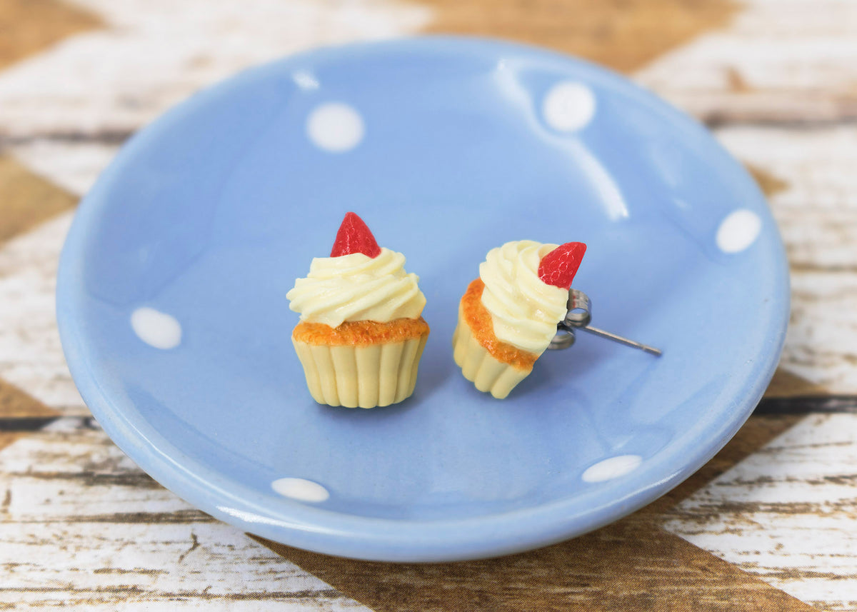 Polinacreations Handmade Vanilla Frosting Cupcake Stud Earrings Topped with Strawberry Vanilla Cupcake Earrings Cupcake Stud Earrings miniature food jewelry fake food jewelry polina creations strawberry earrings dessert jewelry