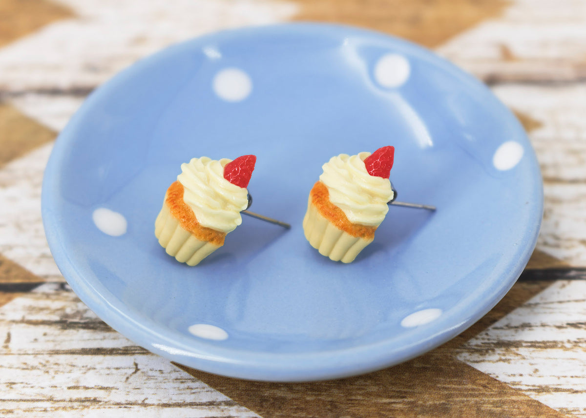 Polinacreations Handmade Vanilla Frosting Cupcake Stud Earrings Topped with Strawberry Vanilla Cupcake Earrings Cupcake Stud Earrings miniature food jewelry fake food jewelry polina creations strawberry earrings