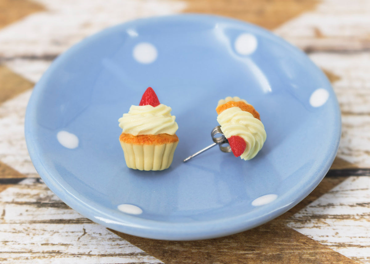 Polinacreations Handmade Vanilla Frosting Cupcake Stud Earrings Topped with Strawberry Vanilla Cupcake Earrings Cupcake Stud Earrings miniature food jewelry fake food jewelry polina creations strawberry earrings