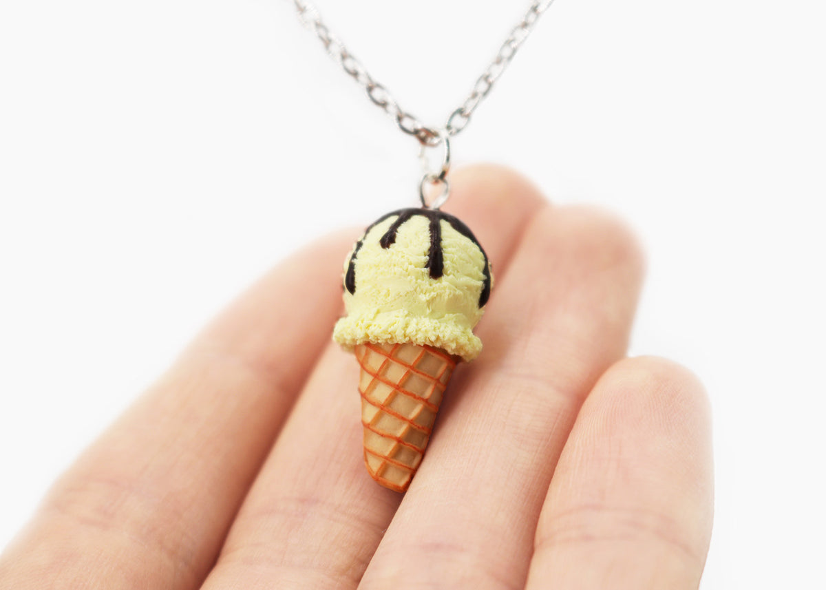 Polinacreations Handmade Vanilla Ice Cream necklace, Ice Cream pendant Ice Cream Jewelry Cute charm Waffle Cone Mini Fake Food Jewelry cute jewelry polymer clay fake food jewelry waffle necklace waffle jewelry yellow jewelry yellow charm chocolate necklace gift for her mini food jewelry