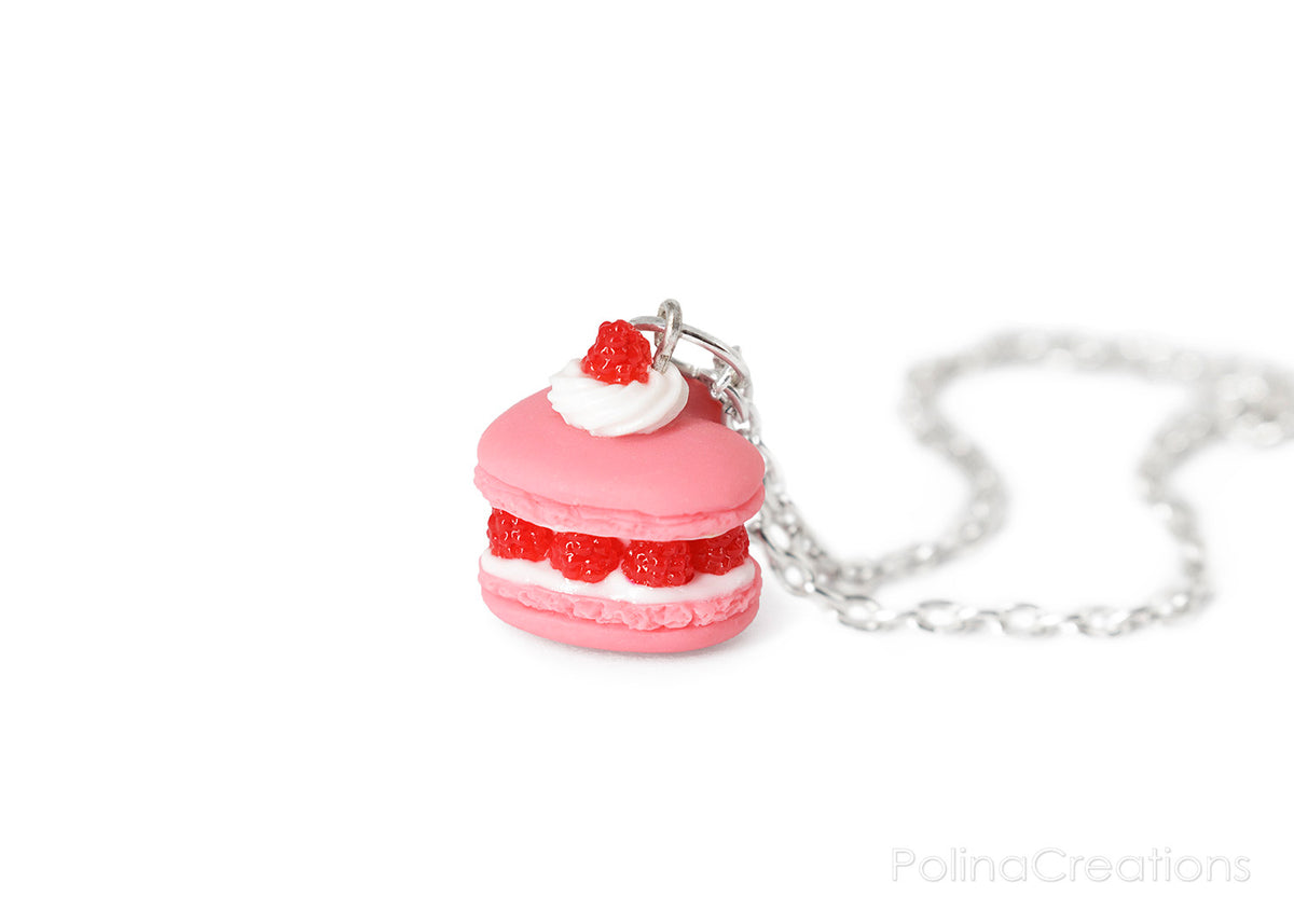 Handmade Raspberry Heart French Macaron Necklace, Valentine's day gift