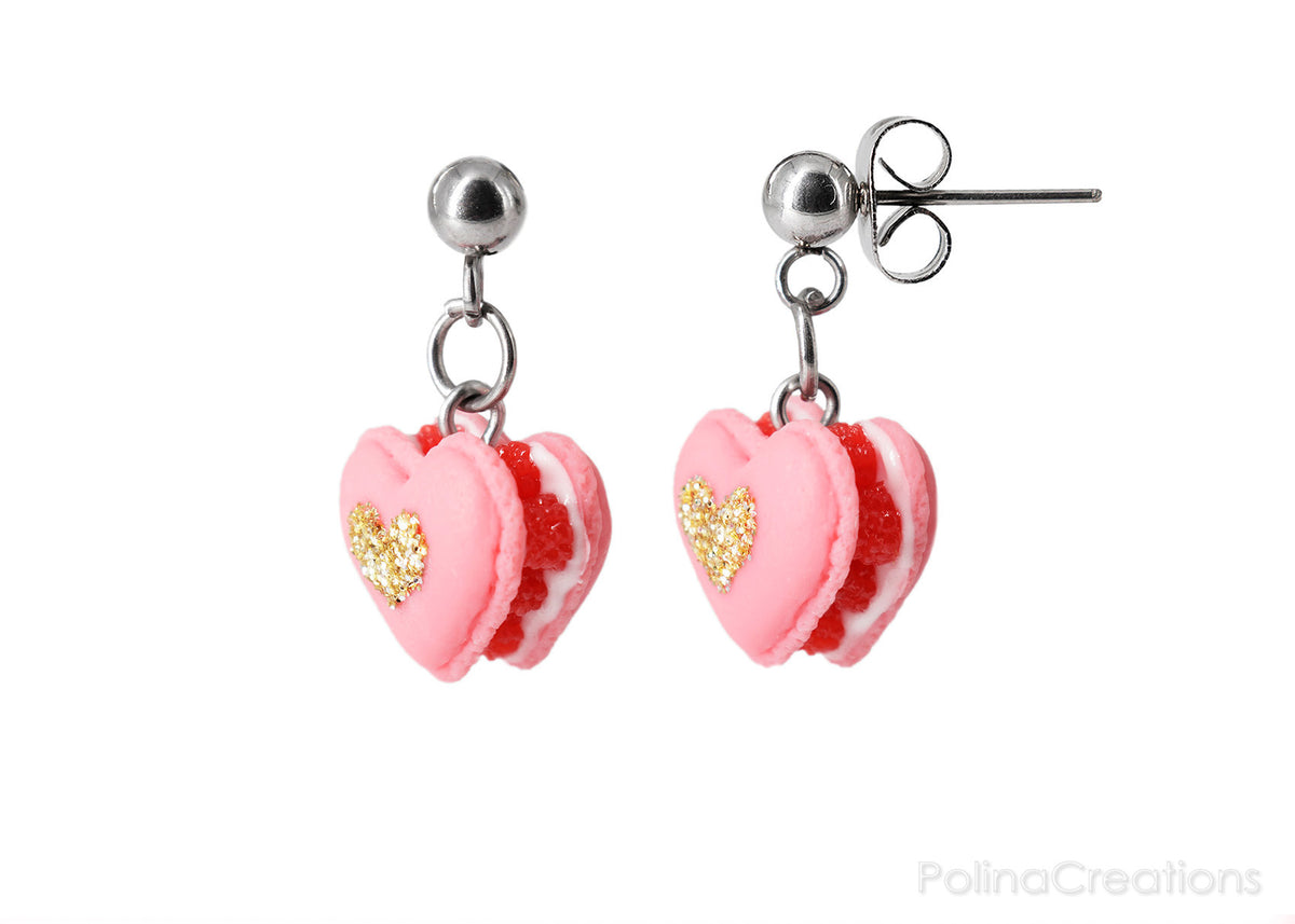 Handmade Heart Shaped French Macaron Stud Dangle Earrings, Valentine's Day Gift