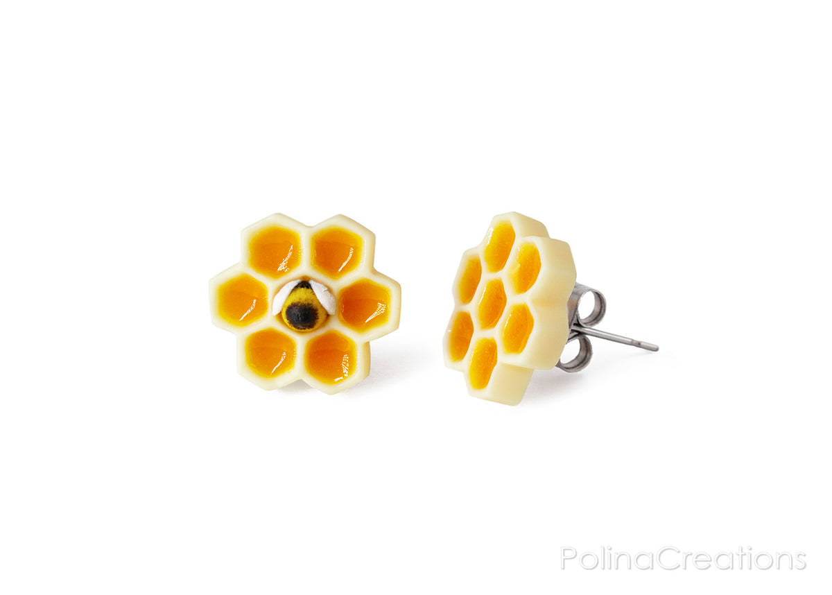 Polinacreations Honeycomb Stud Earrings, polymer clay jewelry Honey Bee Earrings Bee Jewelry Bumble Bee Earrings Bee Keeper Gift Save the Bees Geometric Earrings Honey Charm polina creations wasp earrings
