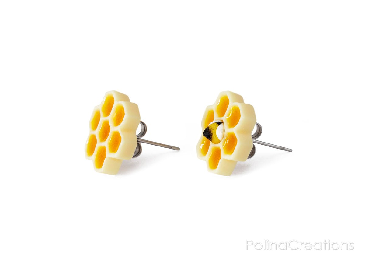 Polinacreations Honeycomb Stud Earrings, Honey Bee Earrings Bee Jewelry Bumble Bee Earrings Bee Keeper Gift Save the Bees Geometric Earrings Honey Charm orange cute small earrings polina creations