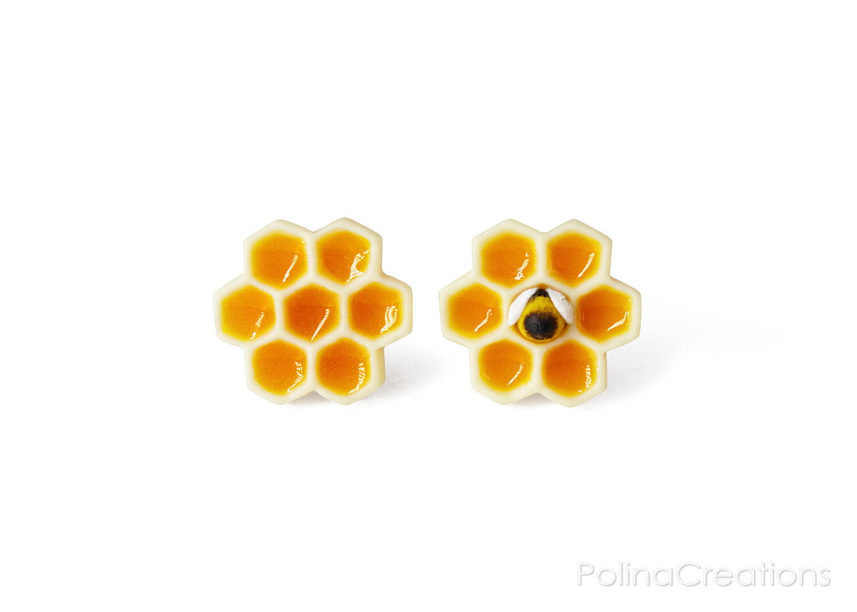 Polinacreations Honeycomb Stud Earrings, Honey Bee Earrings Bee Jewelry Bumble Bee Earrings Bee Keeper Gift Save the Bees Geometric Earrings Honey Charm polina creations wasp jewelry