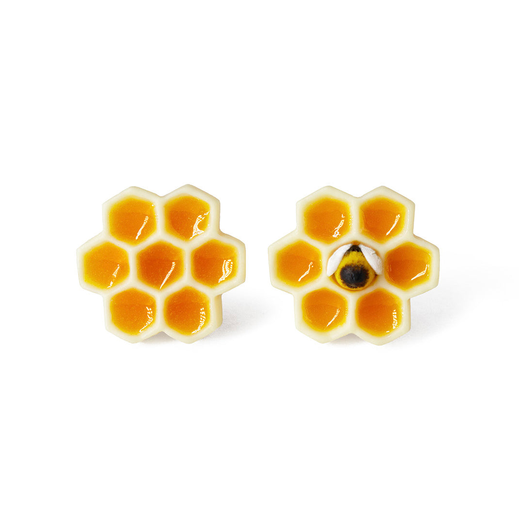 Polinacreations Honeycomb Stud Earrings, Yellow circle earrings cute earrings Honey Bee Earrings Bee Jewelry Bumble Bee Earrings Bee Keeper Gift Save the Bees Geometric Earrings Honey Charm
