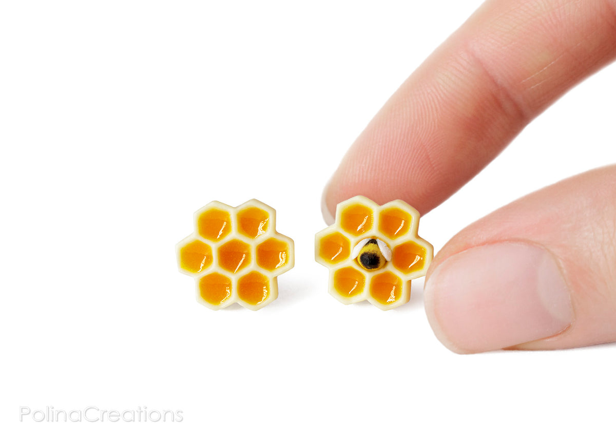 Polinacreations Honeycomb Stud Earrings, Honey Bee Earrings Bee Jewelry Bumble Bee Earrings Bee Keeper Gift Save the Bees Geometric Earrings Honey Charm orange jewelry yellow earrings