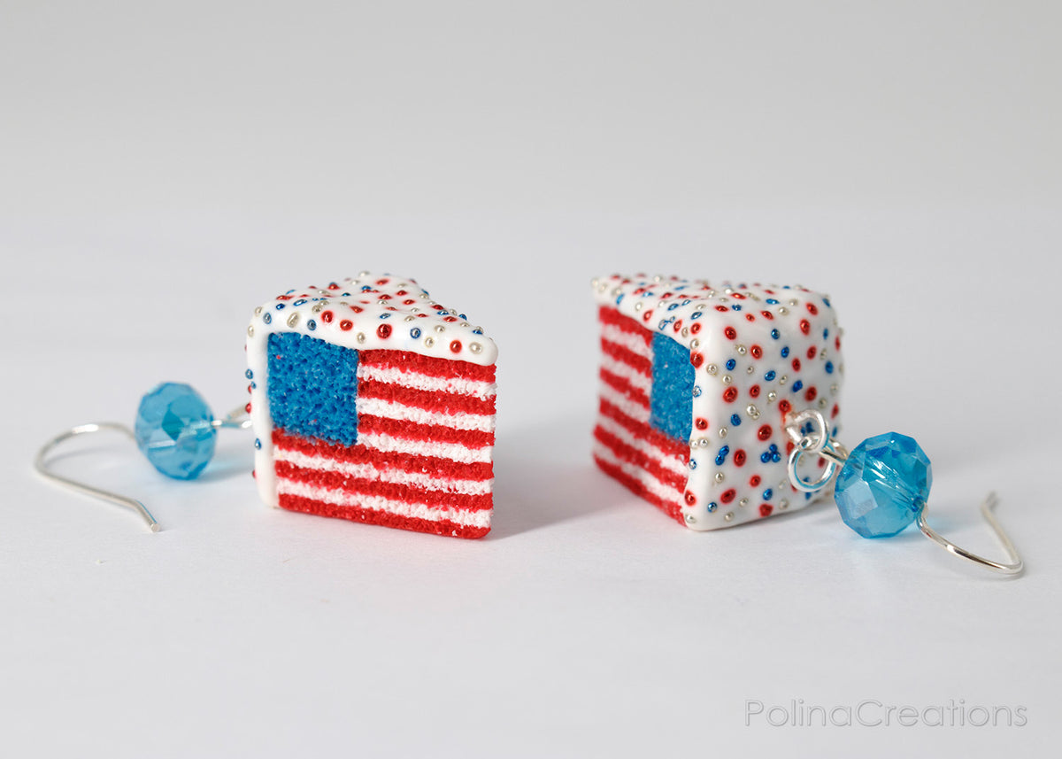 Handmade American Flag Cake Earrings, 4th of July Gift