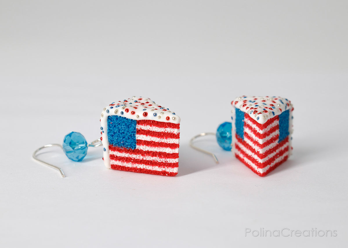 Handmade American Flag Cake Earrings, 4th of July Gift