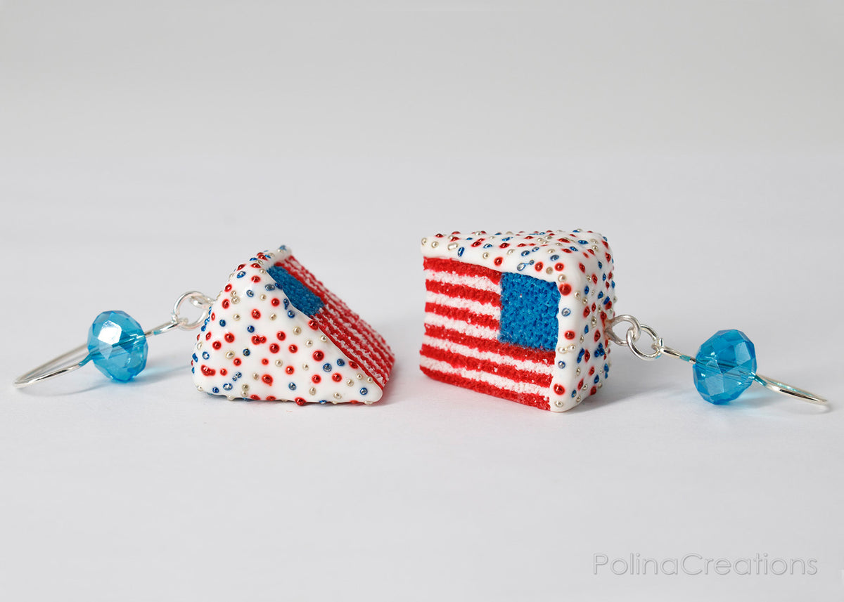 Handmade American Flag Cake Earrings, 4th of July Gift