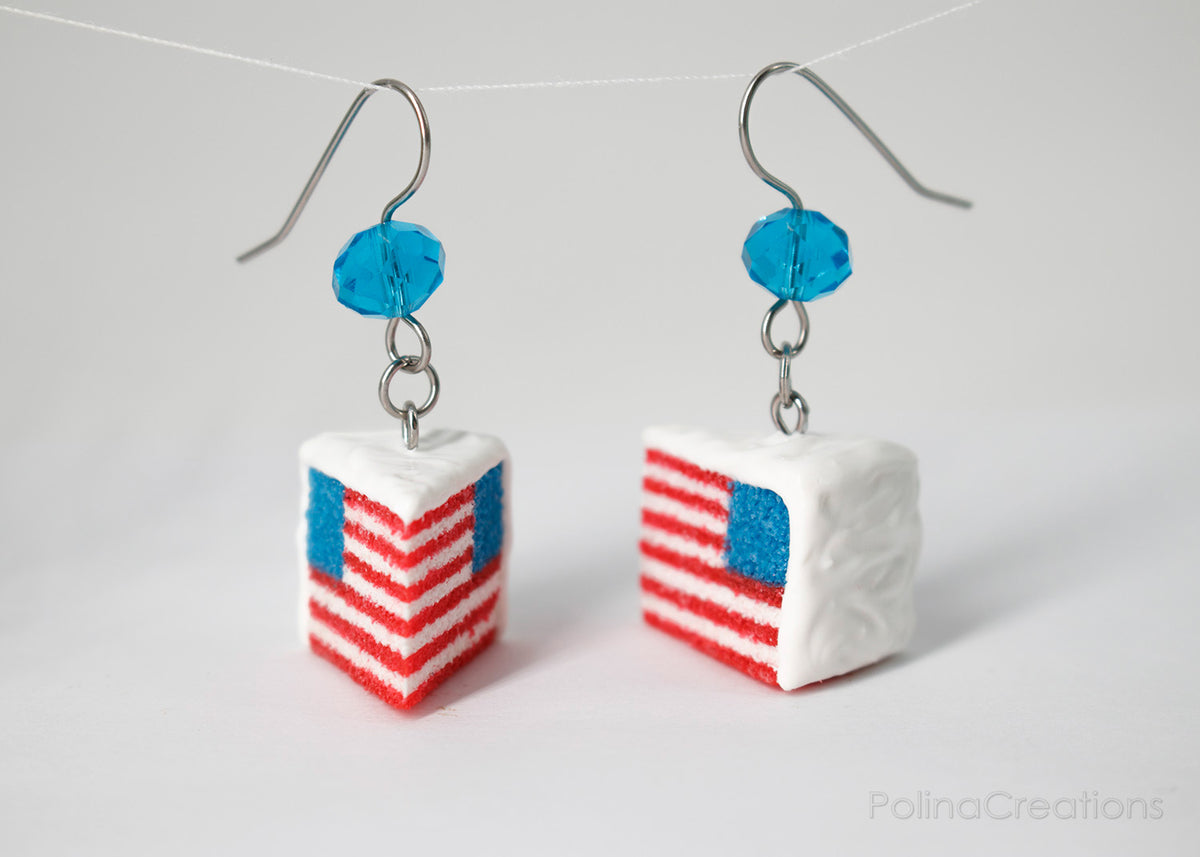 Handmade American Flag Cake Earrings, 4th of July Gift