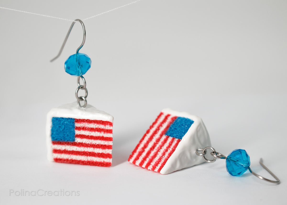 Handmade American Flag Cake Earrings, 4th of July Gift