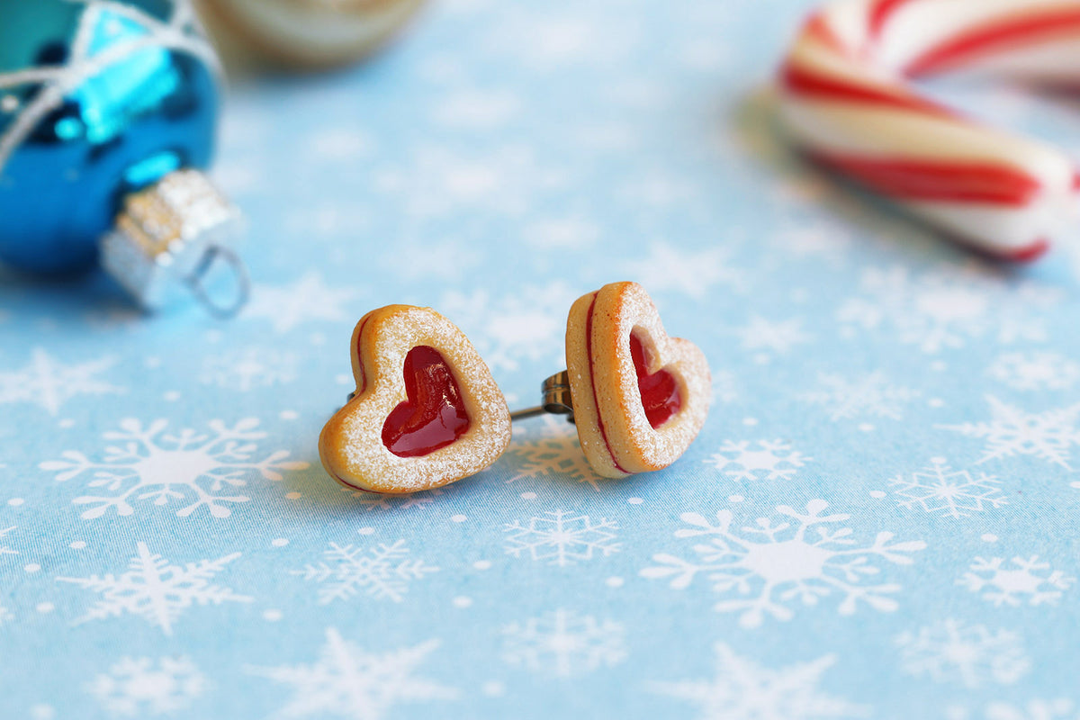 PolinaCreations Handmade Christmas Jam Linzer Heart Cookie Earrings, Jam Filled Cookie Earrings, Miniature Food Fake Food Jewelry Red Heart Earrings Cute earrings miniature food jewelry Xmas gift for her polymer clay jewelry