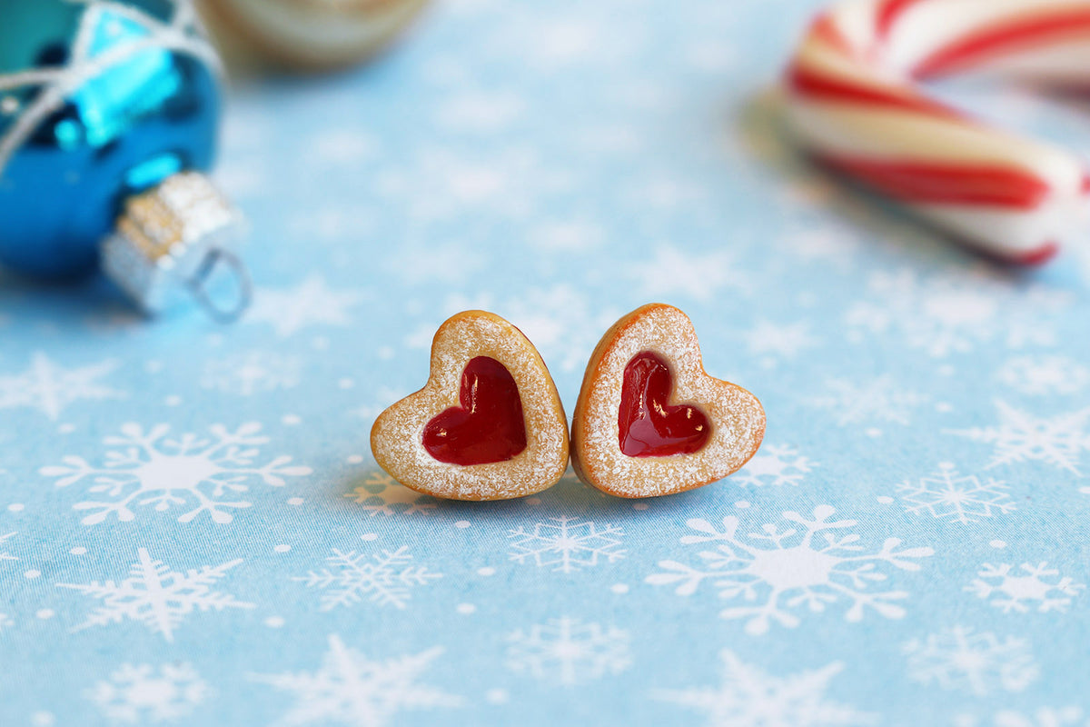 PolinaCreations Handmade Christmas Jam Linzer Heart Cookie Earrings, Jam Filled Cookie Earrings, Miniature Food Fake Food Jewelry Red Heart Earrings Cute earrings miniature food jewelry Xmas gift for her polymer clay jewelry