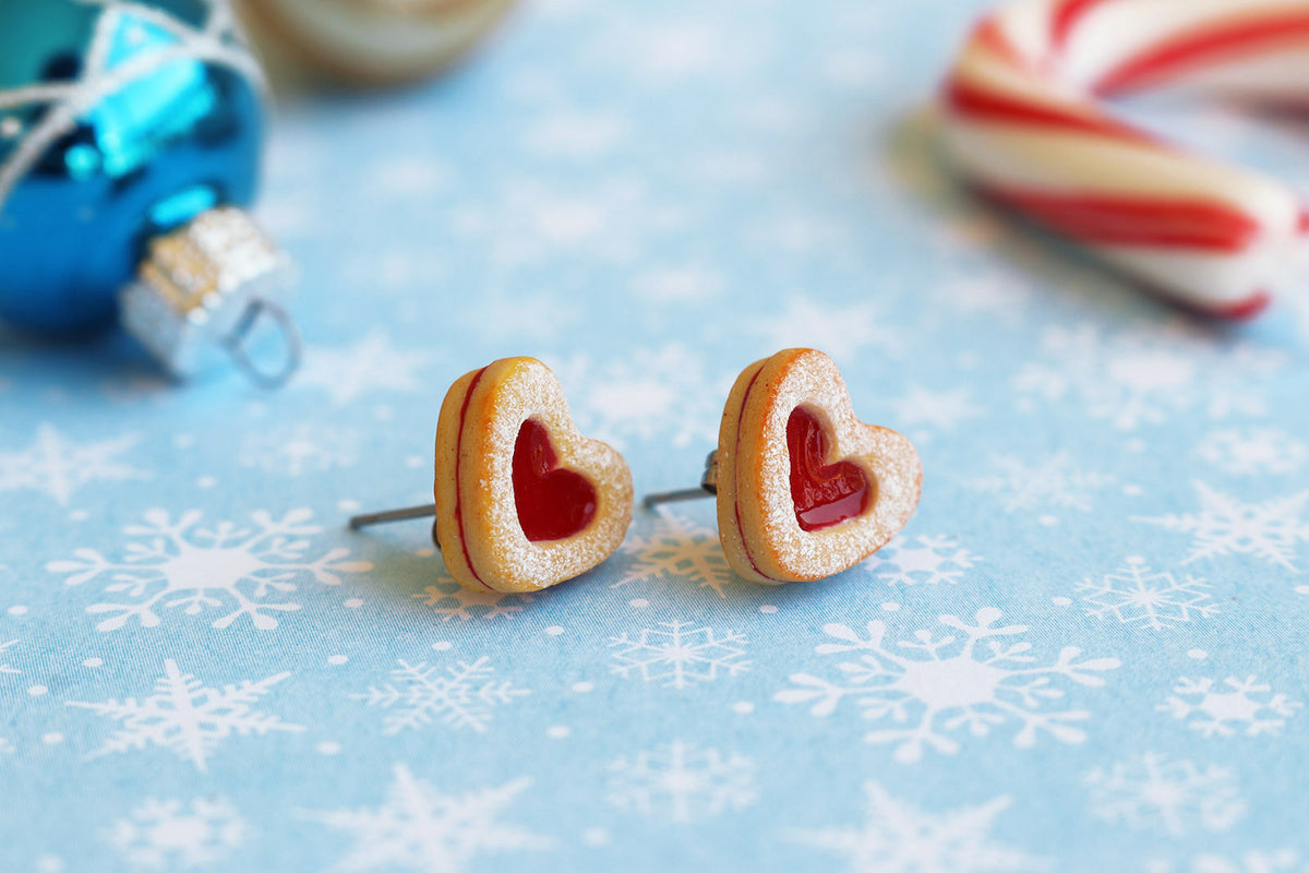 PolinaCreations Handmade Christmas Jam Linzer Heart Cookie Earrings, Jam Filled Cookie Earrings, Miniature Food Fake Food Jewelry Red Heart Earrings Cute earrings miniature food jewelry Xmas gift for her polymer clay jewelry