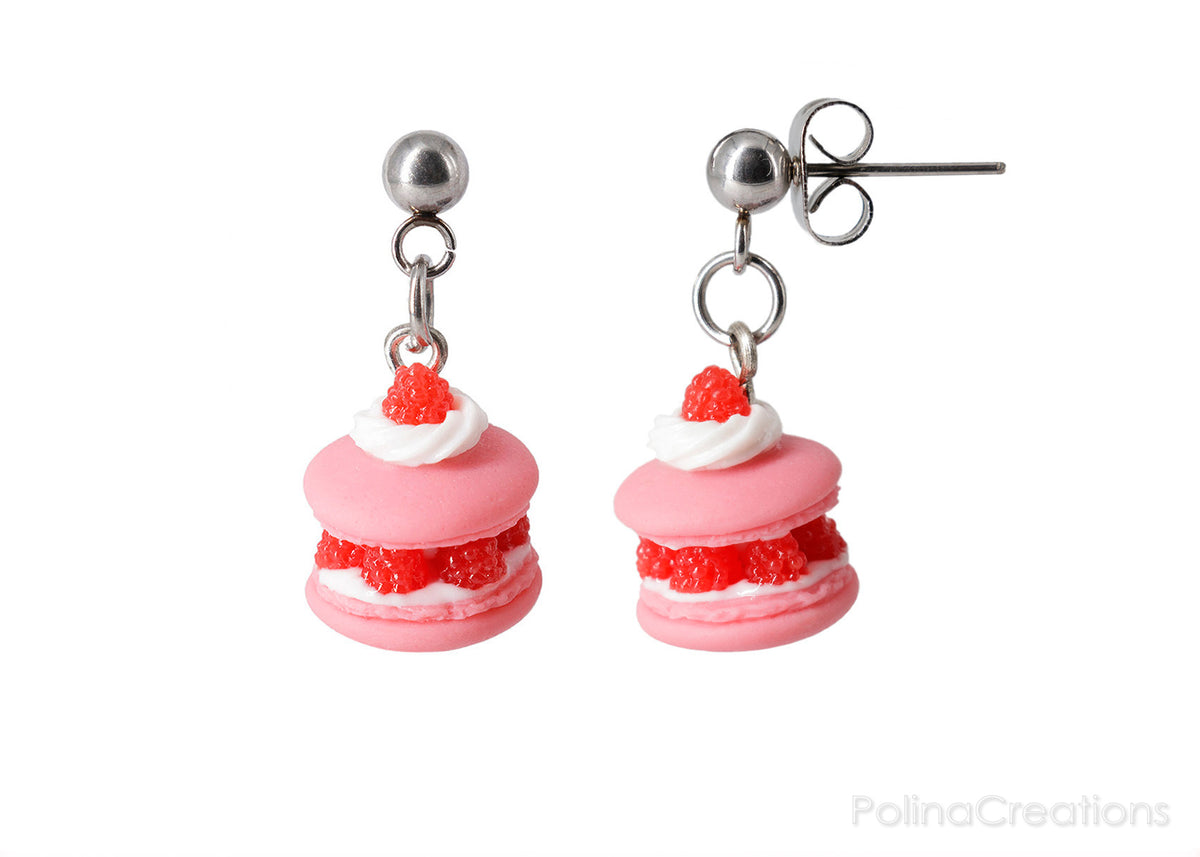 Handmade Raspberry French Macaron Stud Dangle Earrings