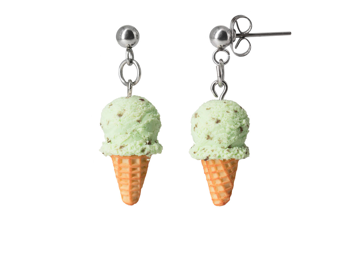 polinacreations Handmade Mint Chocolate Chip Ice Cream Stud Dangle Earrings, Ice Cream Earrings Ice cream Jewelry Cute earrings Waffle Cone green jewelry polymer clay fake food jewelry small earrings