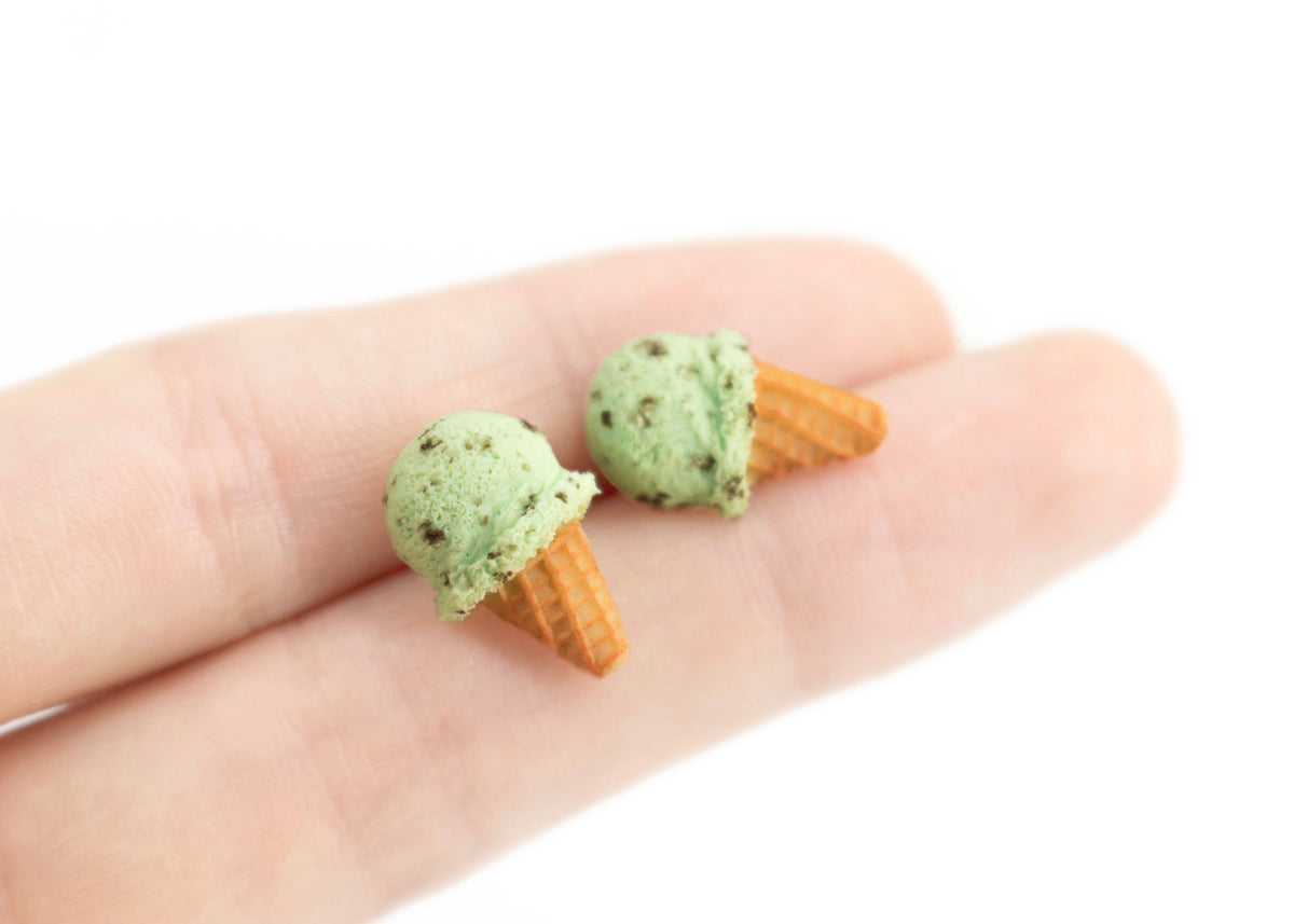 polinacreations Handmade jewelry Mint Chocolate Chip Ice Cream Waffle Cone Stud Earrings, Ice Cream Earrings, Ice Cream Studs Cute Earrings Mint Green Studs cute earrings green jewelry fake food jewelry polymer clay miniature food jewelry mini food earrings polina creations gift for her gift for woman girls small earrings cute studs hypoallergenic jewelry waffle jewelry ice cream jewelry