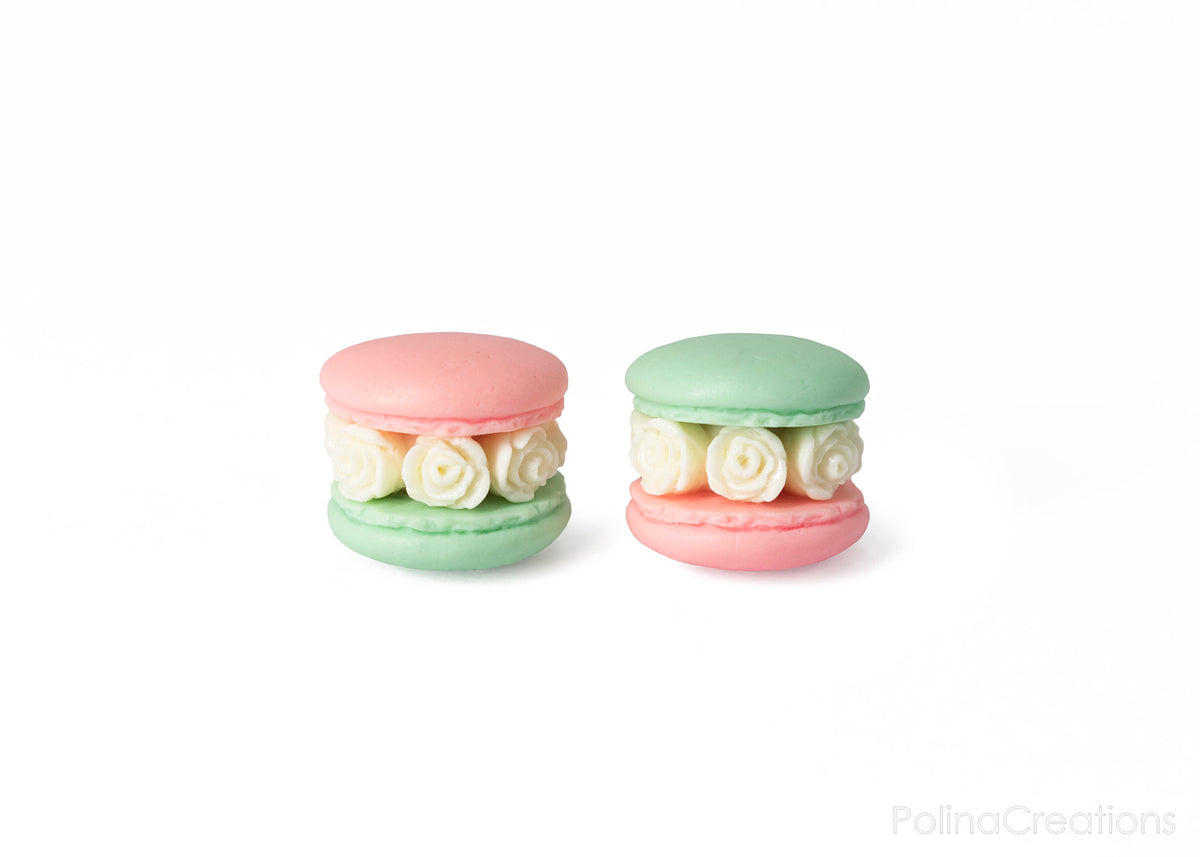 Handmade Mint Green & Coral Pink Floral Macaron Stud Earrings