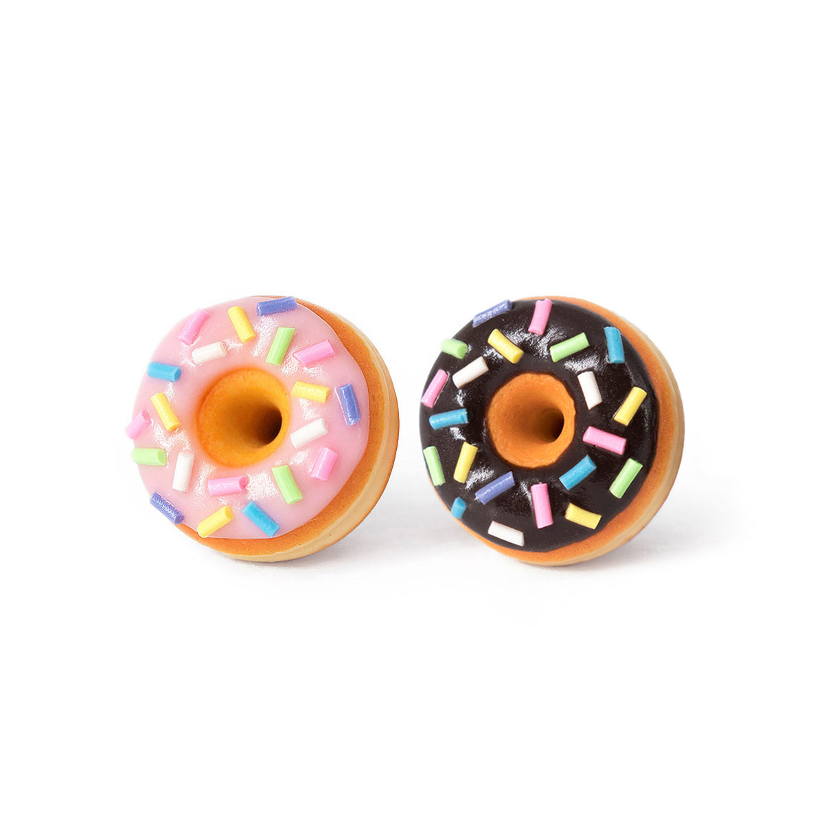 PolinaCreations Handmade Jewelry Pink and Chocolate Doughnut Stud Earrings, Brown Donut Earrings Pink Donut Earrings Chocolate Earrings Fake Food Jewelry Polymer clay jewelry Asymmetrical earrings pink earrings chocolate earrings polina creations small cute earrings
