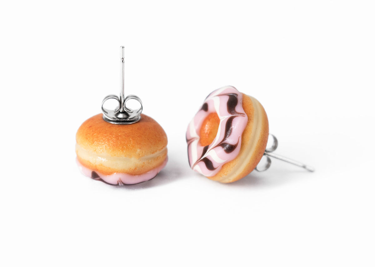 Handmade Jewelry pink Glazed Doughnut Earrings With Sprinkles, Donut Earrings PolinaCreations Fake Food Jewelry Polymer clay Food Earrings mini food jewelry miniature food cute studs small earrings circle earrings sprinkle jewelry rainbow jewelry hypoallergenic jewelry polina creations jewellery gift for her gift for woman girls baskin robbins dunkin donut