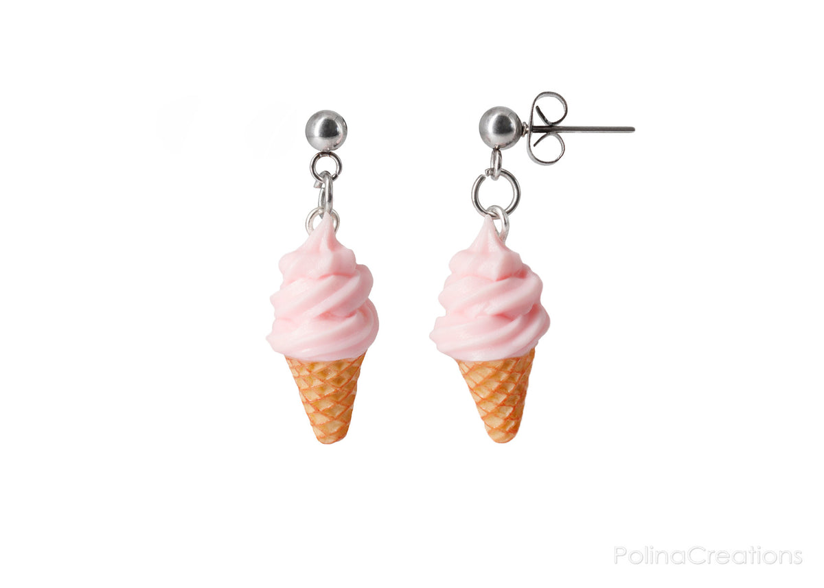 Handmade Soft Pink Ice Cream Dangle Stud Earrings