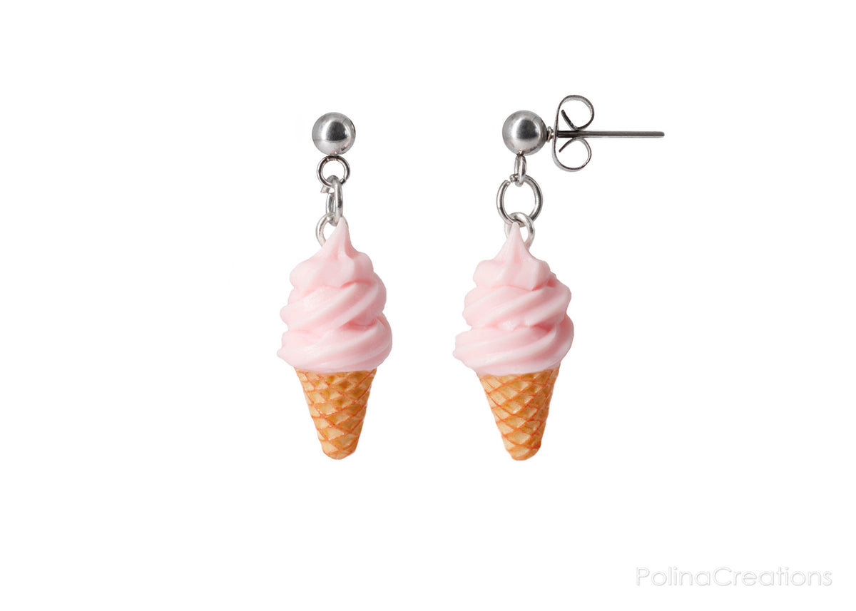 Handmade Soft Pink Ice Cream Dangle Stud Earrings