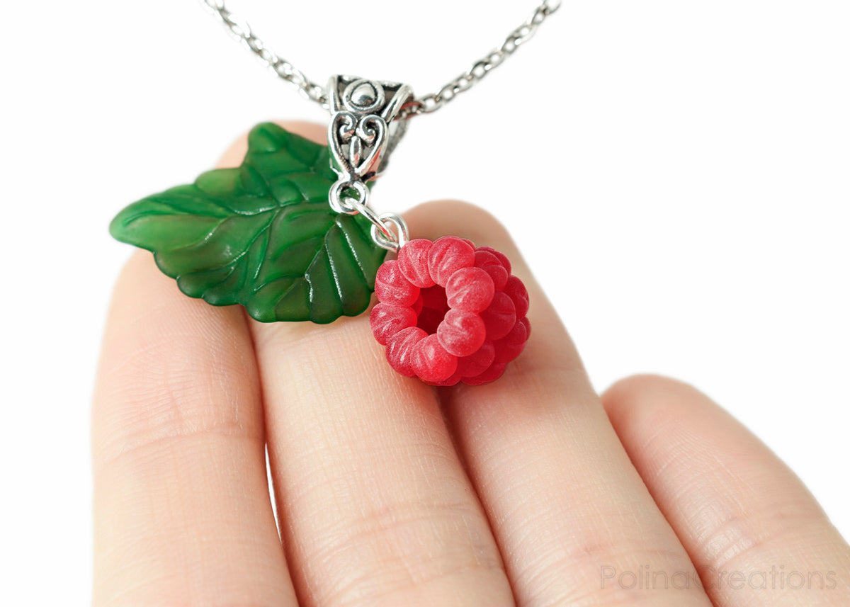Polinacreations Handmade jewelry Raspberry Necklace, Polina Creations Fruit Necklace Fruit jewelry Berry Pendant Polymer clay Fake Food jewelry Summer jewelry Strawberry jewelry Red Necklace green jewelry gift for women