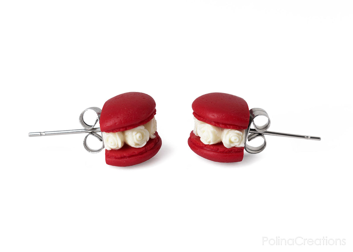 Handmade Red & White Floral Macaron Stud Earrings